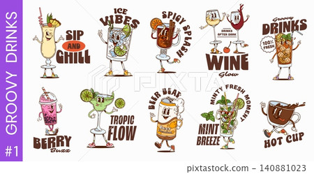 Y2K groovy funky cocktail drinks, coffee and beer characters stickers and patches. Retro sticker set featuring dancing beverage characters in sneakers. Vector smiling personages for bar promotions Y2K groovy funky cocktail drinks, coffee and beer characters stickers and patches. Retro sticker set featuring dancing beverage characters in sneakers. Vector smiling personages for bar promotions 140881023