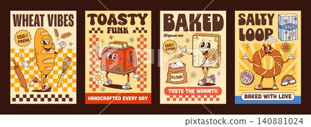 Y2K groovy funky bread and bakery posters. Retro cartoon loaf, toaster, toast and bagel with expressive faces. Vector bold psychedelic typography for kitchen, bakery, cafe and food packaging Y2K groovy funky bread and bakery posters. Retro cartoon loaf, toaster, toast and bagel with expressive faces. Vector bold psychedelic typography for kitchen, bakery, cafe and food packaging 140881024