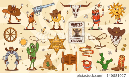 Cartoon groovy wild west western characters set. Vector y2k cactus sheriff, dancing sun, dynamite, skull cowboy, and objects including boots, lasso, star badge and wanted posters with fun retro vibes Cartoon groovy wild west western characters set. Vector y2k cactus sheriff, dancing sun, dynamite, skull cowboy, and objects including boots, lasso, star badge and wanted posters with fun retro vibes 140881027
