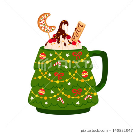 Christmas tree shaped mug filled with eggnog, hot chocolate and cocoa dessert drink, topped with whipped cream and chocolate drizzle. Cartoon pine spruce tree cup decorated with cookies and sweets Christmas tree shaped mug filled with eggnog, hot chocolate and cocoa dessert drink, topped with whipped cream and chocolate drizzle. Cartoon pine spruce tree cup decorated with cookies and sweets 140881047