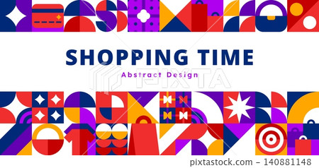 Sale and shopping time banner with geometric pattern. Abstract minimalist art background with trendy shapes mosaic of shopping bags, gift boxes, purses and credit cards, black friday ornament Sale and shopping time banner with geometric pattern. Abstract minimalist art background with trendy shapes mosaic of shopping bags, gift boxes, purses and credit cards, black friday ornament 140881148