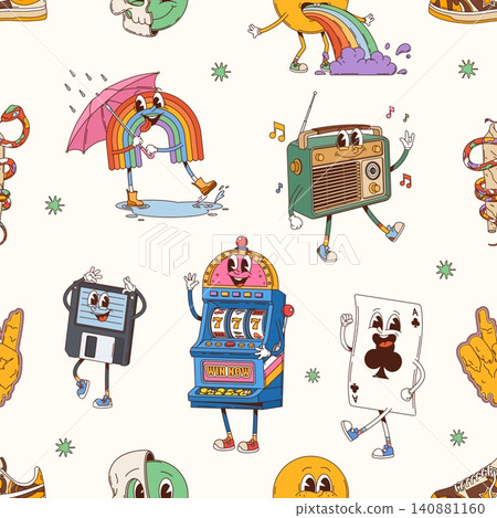 Groovy retro characters seamless pattern. Seamless vector backdrop or repeated details print. Fabric pattern with radio player, rainbow, floppy disk and casino gambling machine funny groovy personages Groovy retro characters seamless pattern. Seamless vector backdrop or repeated details print. Fabric pattern with radio player, rainbow, floppy disk and casino gambling machine funny groovy personages 140881160