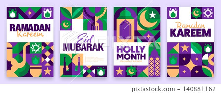 Green purple Ramadan Kareem greeting cards with geometric Arabian pattern. Elegant greeting cards featuring mosque, flower, prayer beads and lantern for Islamic holiday greetings or Iftar invitations Green purple Ramadan Kareem greeting cards with geometric Arabian pattern. Elegant greeting cards featuring mosque, flower, prayer beads and lantern for Islamic holiday greetings or Iftar invitations 140881162