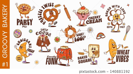 Y2K groovy funky pastry and bakery characters stickers and patches, cartoon vector. Groovy cupcake and funny pudding with trippy toast bread and cookie biscuit or hippie pretzel bun with happy face Y2K groovy funky pastry and bakery characters stickers and patches, cartoon vector. Groovy cupcake and funny pudding with trippy toast bread and cookie biscuit or hippie pretzel bun with happy face 140881192