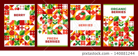 Ripe berry harvest posters with geometric mosaic pattern of berry fruits. Berries pattern with geometric shapes of strawberry and raspberry, watermelon and cranberry with cherry and red currant Ripe berry harvest posters with geometric mosaic pattern of berry fruits. Berries pattern with geometric shapes of strawberry and raspberry, watermelon and cranberry with cherry and red currant 140881244