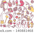 New Year's card materials: Illustrations of Daruma dolls, lucky charms, Osechi (New Year's food), cranes and turtles. 140881468