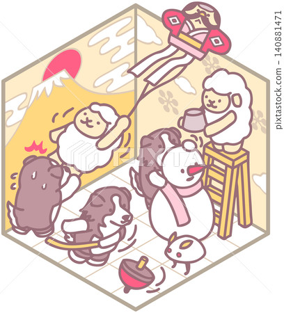 新年賀卡素材:羊和狗,新年插圖,新年遊戲,放風箏,旋轉陀螺,等距設計。 新年賀卡素材:羊和狗,新年插圖,新年遊戲,放風箏,旋轉陀螺,等距設計。 140881471