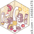 New Year's card design featuring sheep and dogs, New Year's illustrations, mochi pounding, and traditional New Year's dishes, isometric design. 140881478