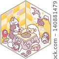 New Year's card material: Sheep and dog, New Year's illustration, Kotatsu (heated table), isometric design. 140881479