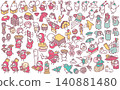 New Year's card materials: New Year's illustrations, lucky charms, Daruma doll, Kagami mochi (rice cake offering). 140881480