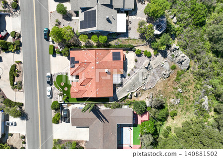 Aerial view of Ramona neighborhood with mountain, valley and golf course Aerial view of Ramona neighborhood with mountain, valley and golf course 140881502