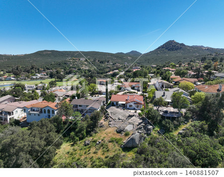 Aerial view of Ramona neighborhood with mountain, valley and golf course Aerial view of Ramona neighborhood with mountain, valley and golf course 140881507