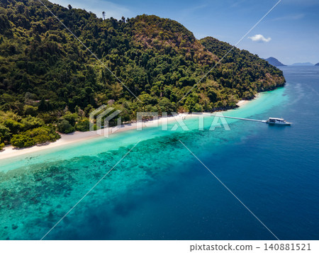 Aerial drone view of tropical landscape over Madam Beach of Nyaung Oo Phee Island in Myanmar 140881521