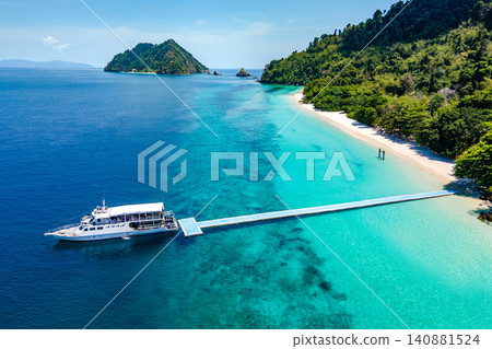 Aerial drone view of tropical landscape over Madam Beach of Nyaung Oo Phee Island in Myanmar 140881524