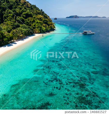 Aerial drone view of tropical landscape over Madam Beach of Nyaung Oo Phee Island in Myanmar 140881527