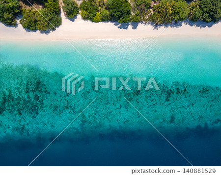 Aerial top view of tropical landscape over Madam Beach of Nyaung Oo Phee Island in Burma 140881529