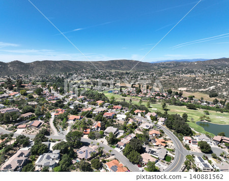 Aerial view of Ramona neighborhood with mountain, valley and golf course Aerial view of Ramona neighborhood with mountain, valley and golf course 140881562