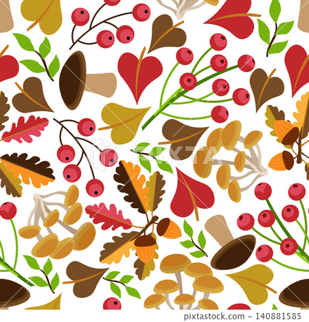 Red berries, acorns, colorful autumn leaves, mushrooms, white background. Seamless floral pattern-145.  140881585