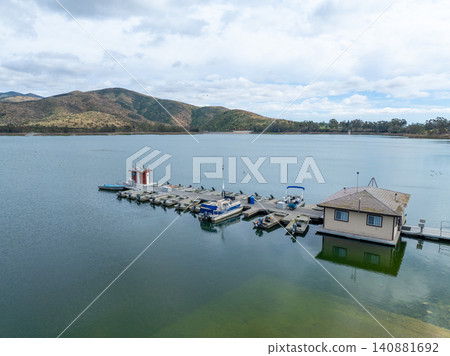 Aerial view Otay Lakes County Park in Chula Vista, California, a scenic view of a mountain range 140881692