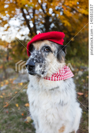 Big dog in bright red beret in autumn park 140881837