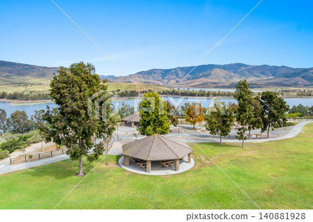 Aerial view Otay Lakes County Park in Chula Vista, California, a scenic view of a mountain range 140881928