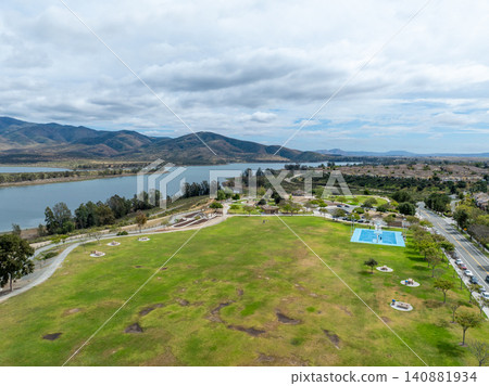 Aerial view Otay Lakes County Park in Chula Vista, California, a scenic view of a mountain range Aerial view Otay Lakes County Park in Chula Vista, California, a scenic view of a mountain range 140881934