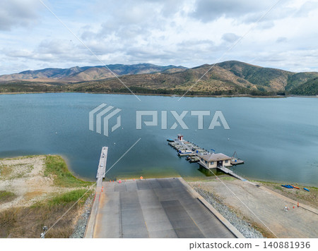 Aerial view Otay Lakes County Park in Chula Vista, California, a scenic view of a mountain range 140881936