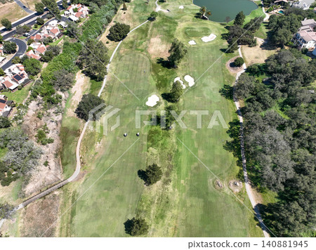 Aerial view of Ramona neighborhood with mountain, valley and golf course 140881945