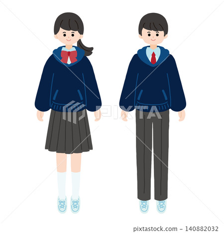 一幅男女學生身穿連帽衫校服的插圖。 140882032