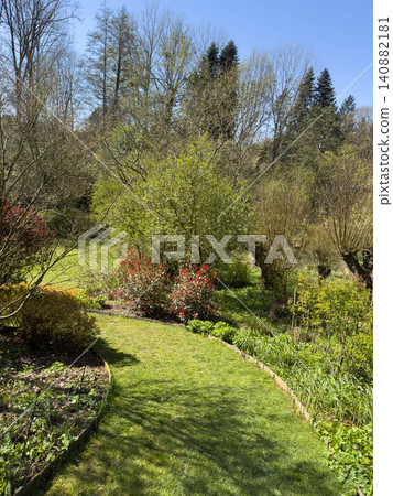 Enlgish green garden with multpiple type of trees and plants Enlgish green garden with multpiple type of trees and plants 140882181