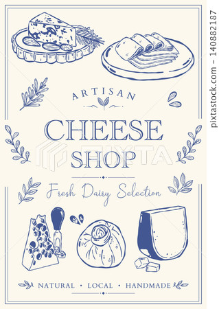 Artisan Cheese Shop Poster with Fresh Dairy Selection and Decorative Farmhouse Line Art Artisan Cheese Shop Poster with Fresh Dairy Selection and Decorative Farmhouse Line Art 140882187