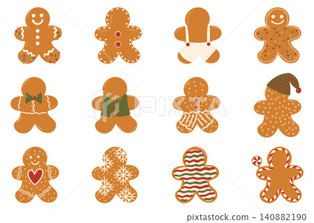 Gingerbread Cookie Characters Set with Festive Icing Details and Holiday Costumes Gingerbread Cookie Characters Set with Festive Icing Details and Holiday Costumes 140882190