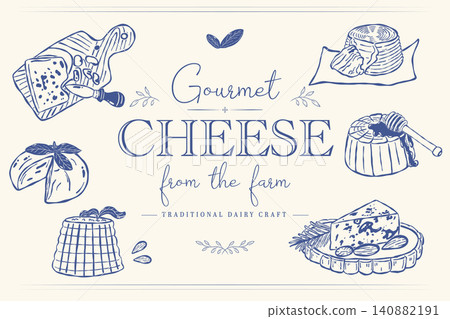 Gourmet Cheese Poster with Artisan Dairy Food Illustrations in Vintage Blue Line Style Gourmet Cheese Poster with Artisan Dairy Food Illustrations in Vintage Blue Line Style 140882191