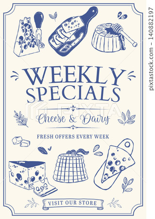 Weekly Specials Poster with Cheese and Dairy Products in Vintage Farm Shop Style Weekly Specials Poster with Cheese and Dairy Products in Vintage Farm Shop Style 140882197