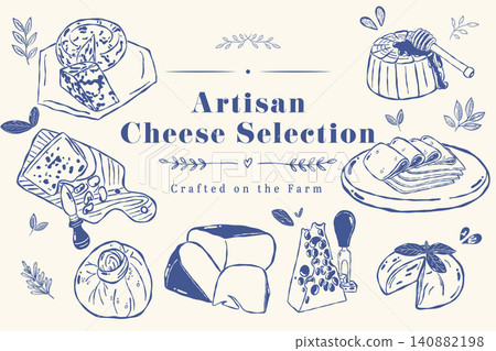 Artisan Cheese Selection Poster with Farm Crafted Dairy Foods and Rustic Blue Illustration Artisan Cheese Selection Poster with Farm Crafted Dairy Foods and Rustic Blue Illustration 140882198