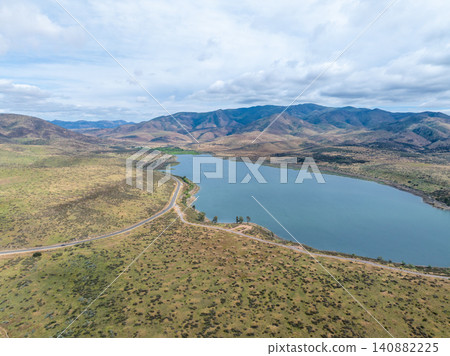 Aerial view Otay Lakes County Park in Chula Vista, California, a scenic view of a mountain range 140882225