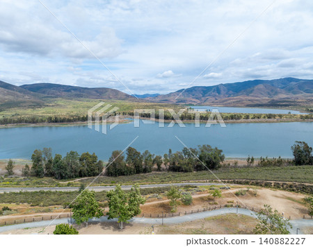 Aerial view Otay Lakes County Park in Chula Vista, California, a scenic view of a mountain range Aerial view Otay Lakes County Park in Chula Vista, California, a scenic view of a mountain range 140882227