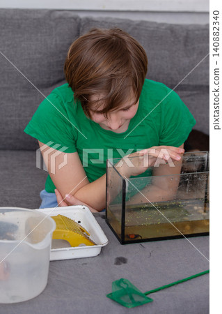 Child observes aquatic life in a tank while seated indoors Child observes aquatic life in a tank while seated indoors 140882340