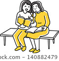 A woman shows her friend the page of the book she is reading. 140882479