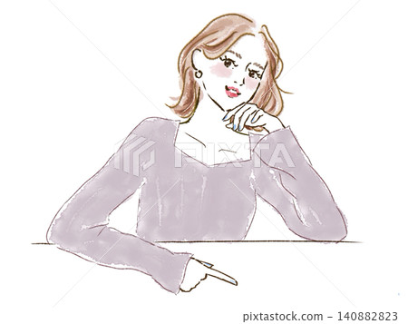 一位女士手托下巴,用食指指著什麼。 一位女士手托下巴,用食指指著什麼。 140882823