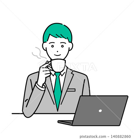 一幅簡單的男士上半身向量插圖，他穿著商務西裝，正在喝咖啡。 140882860