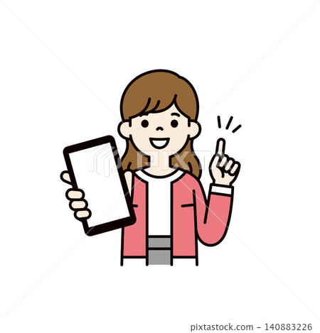 Vector illustration of a woman in her 20s or 30s, a mother, showing her smartphone screen to make a suggestion and explanation. Vector illustration of a woman in her 20s or 30s, a mother, showing her smartphone screen to make a suggestion and explanation. 140883226