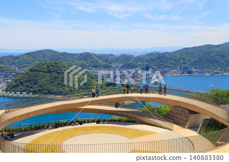 View of the Kanmon Strait from the Hinoyama Ring observation deck at Hinoyama Park in Shimonoseki City View of the Kanmon Strait from the Hinoyama Ring observation deck at Hinoyama Park in Shimonoseki City 140883380