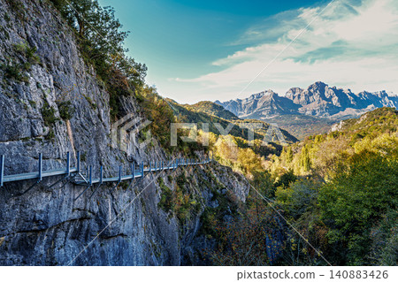 Panticosa metal walkway, Pasarelas de Panticosa. Footpath of the metal footbridge in Panticosa in the Pyrenees, Spain Panticosa metal walkway, Pasarelas de Panticosa. Footpath of the metal footbridge in Panticosa in the Pyrenees, Spain 140883426