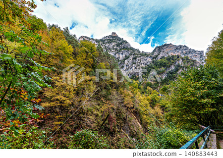 Walking through the Anisclo Canyon in Spain. One of the most spectacular landscapes in Aragon, Pyrenees in Spain Walking through the Anisclo Canyon in Spain. One of the most spectacular landscapes in Aragon, Pyrenees in Spain 140883443