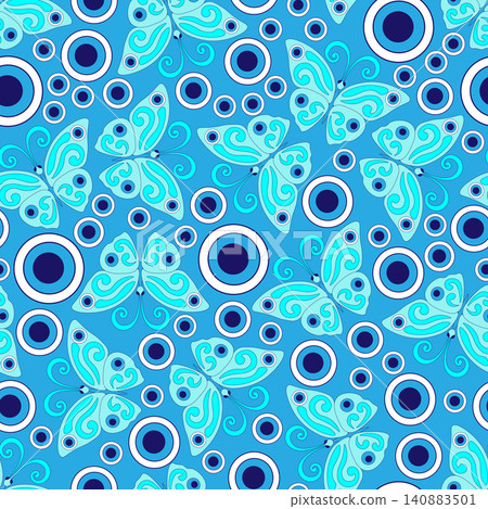 Blue butterflies, evil eye, hand drawn, blue background. Blue butterflies, evil eye, hand drawn, blue background. 140883501