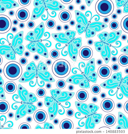 Blue butterflies, evil eye, hand drawn, white background. Blue butterflies, evil eye, hand drawn, white background. 140883503