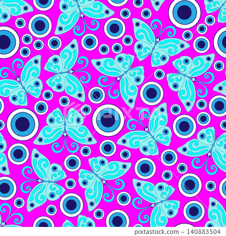 Blue butterflies, evil eye, hand drawn, pink background. Blue butterflies, evil eye, hand drawn, pink background. 140883504