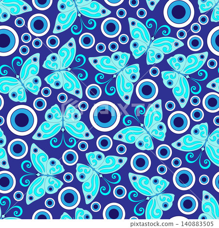 Blue butterflies, evil eye, hand drawn, dark blue background. Blue butterflies, evil eye, hand drawn, dark blue background. 140883505