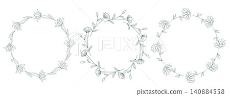 Outline illustrations of wreaths of flowers and herbs Outline illustrations of wreaths of flowers and herbs 140884558